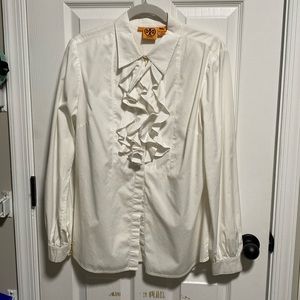 Tory Burch ruffle tuxedo style shirt.